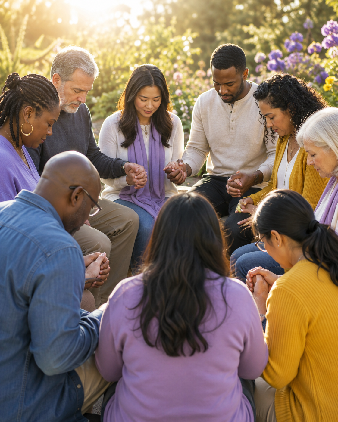 A circle of people of different backgrounds holding hands in prayer outdoors