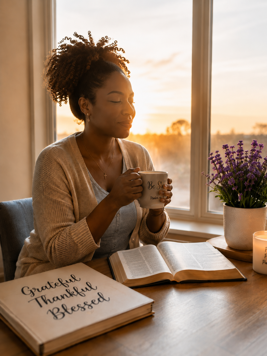 A woman with a warm mug and an open Bible at a sunlit window