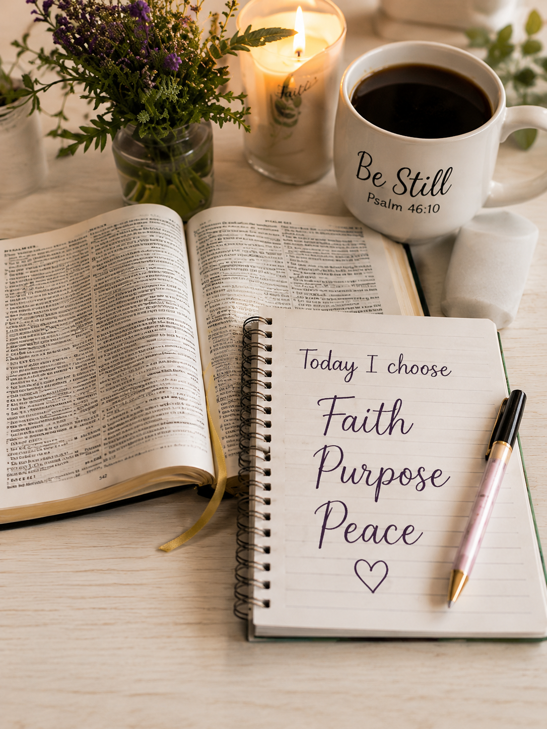 An open Bible beside a journal reading Today I choose Faith, Purpose, Peace