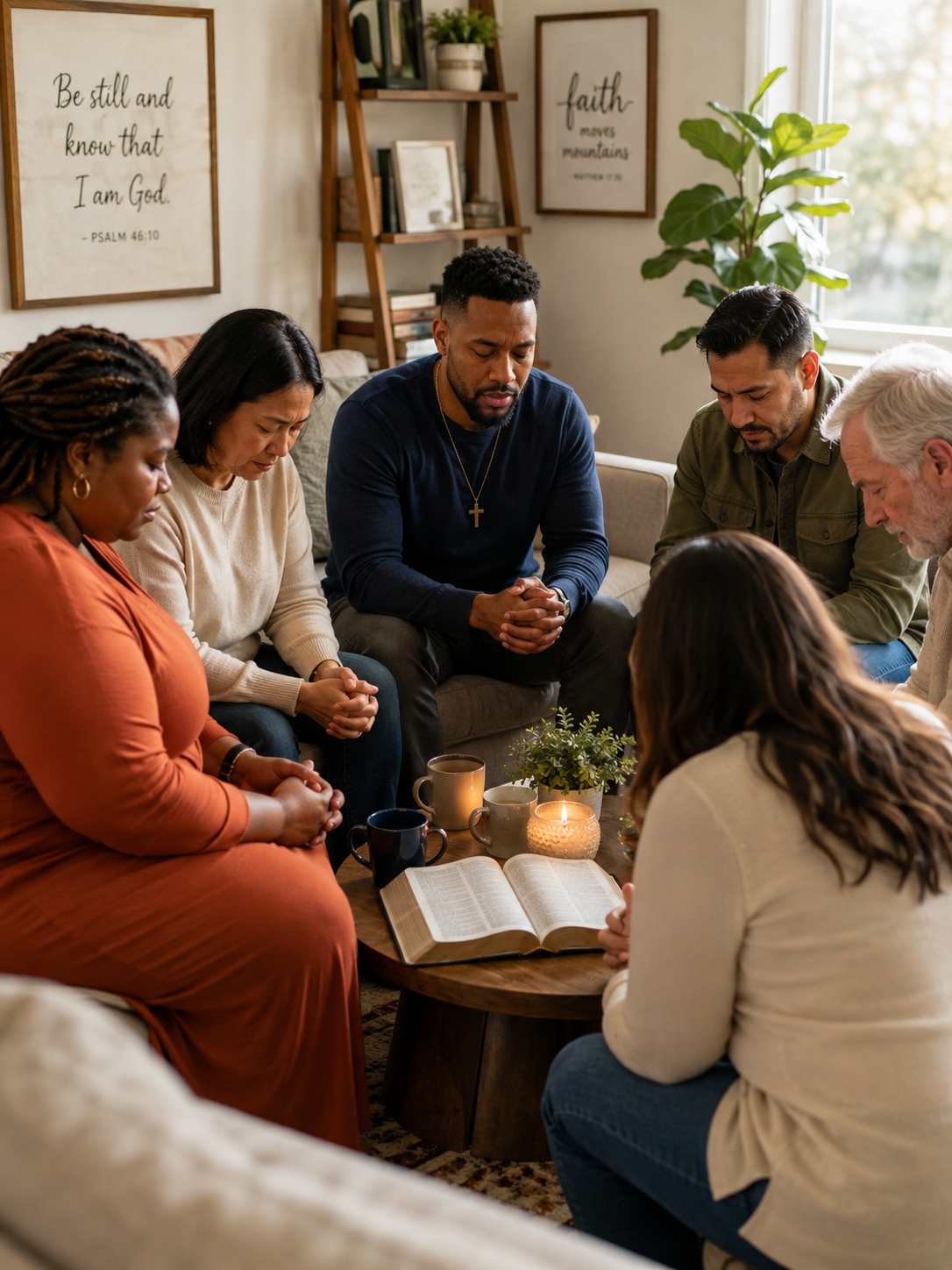 A small group seated in a living room praying together around an open Bible