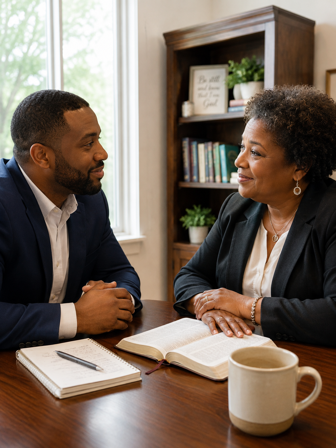 Two people in conversation at a desk with an open Bible and a notebook