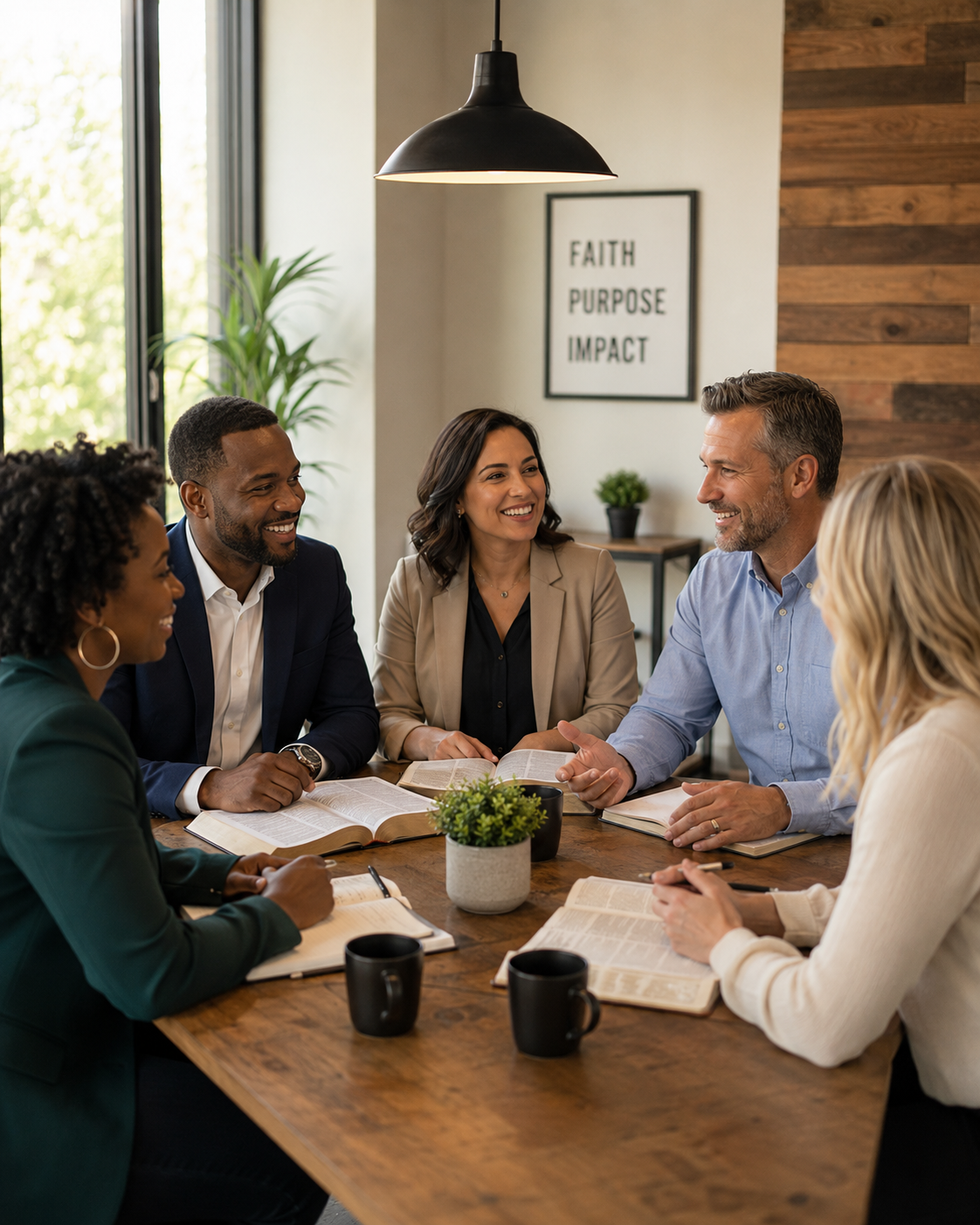 A diverse small group gathered around a table with open Bibles, smiling and discussing faith and purpose